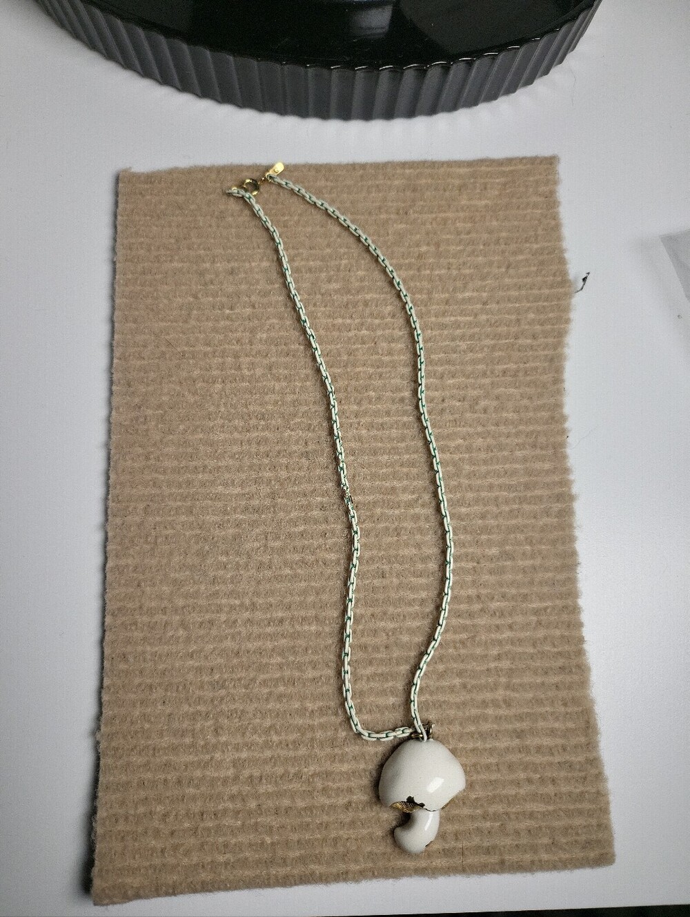 Vintage Monet MUSHROOM Pendant Necklace White Enamel Chain Gold Tone Merry